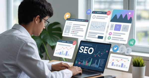 ল্যাপটপে কাজ করা বাংলাদেশি তরুণ ডিজিটাল মার্কেটিং ও SEO শেখার দৃশ্য