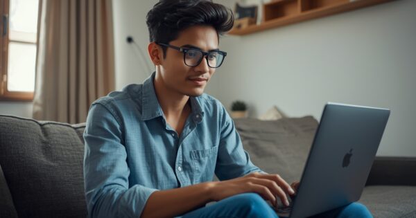 বাংলাদেশি তরুণ ল্যাপটপে কাজ করছে ফ্রিল্যান্সিং প্ল্যাটফর্মে