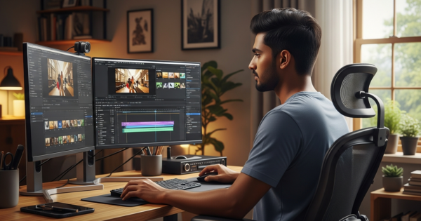 বাংলাদেশি ভিডিও এডিটর ল্যাপটপে কাজ করছেন — ভিডিও এডিটিং আয়