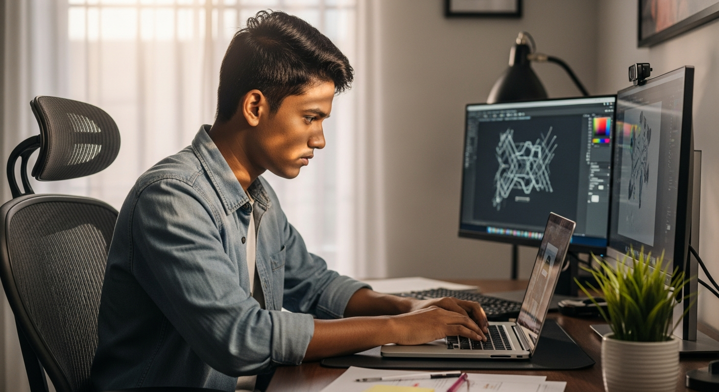 ল্যাপটপে গ্রাফিক ডিজাইন কাজ করছেন একজন বাংলাদেশি ফ্রিল্যান্সার