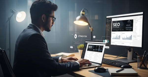 বাংলাদেশি উদ্যোক্তা ল্যাপটপে ওয়েবসাইট SEO অপটিমাইজ করছেন