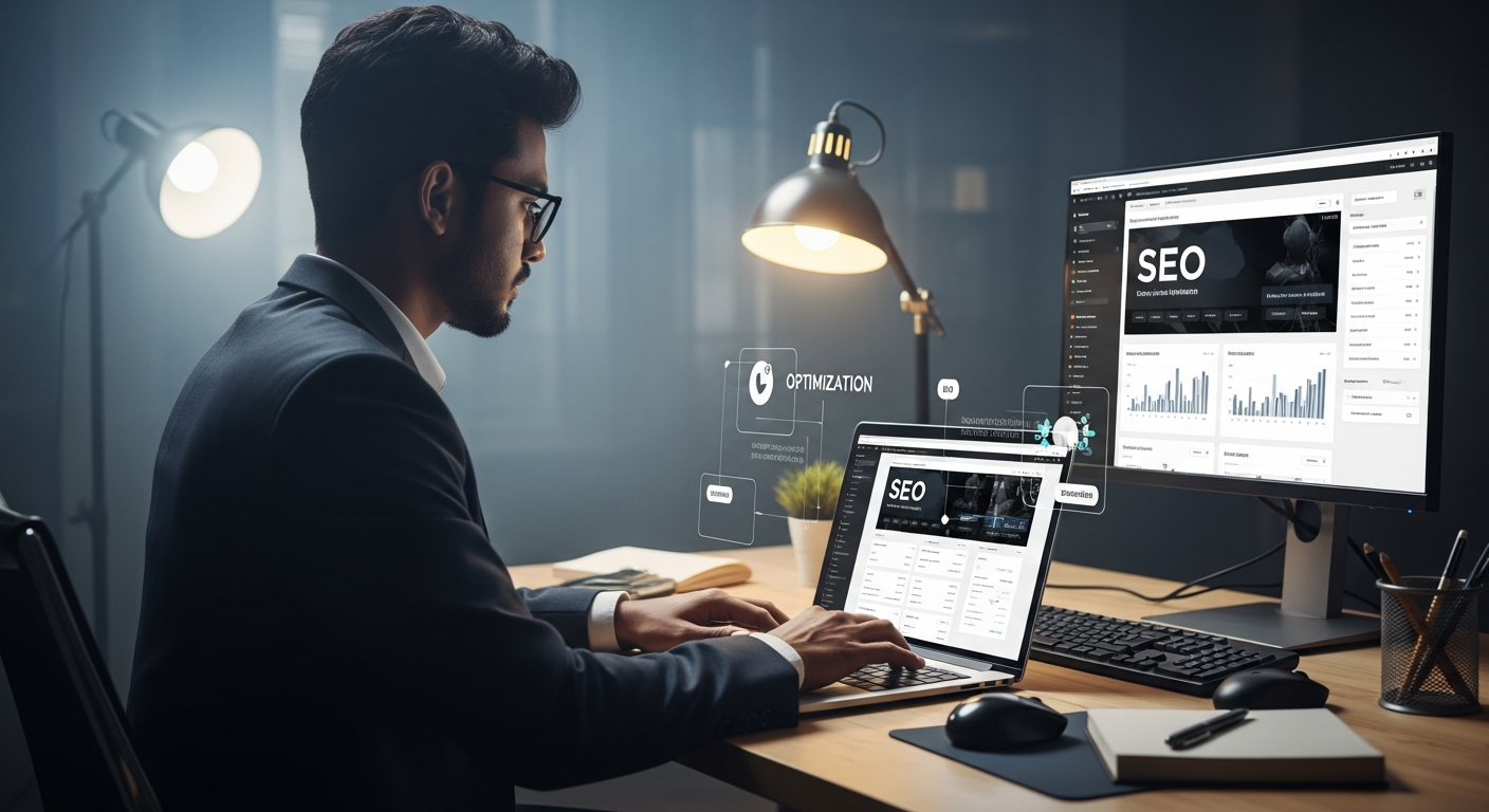 বাংলাদেশি উদ্যোক্তা ল্যাপটপে ওয়েবসাইট SEO অপটিমাইজ করছেন